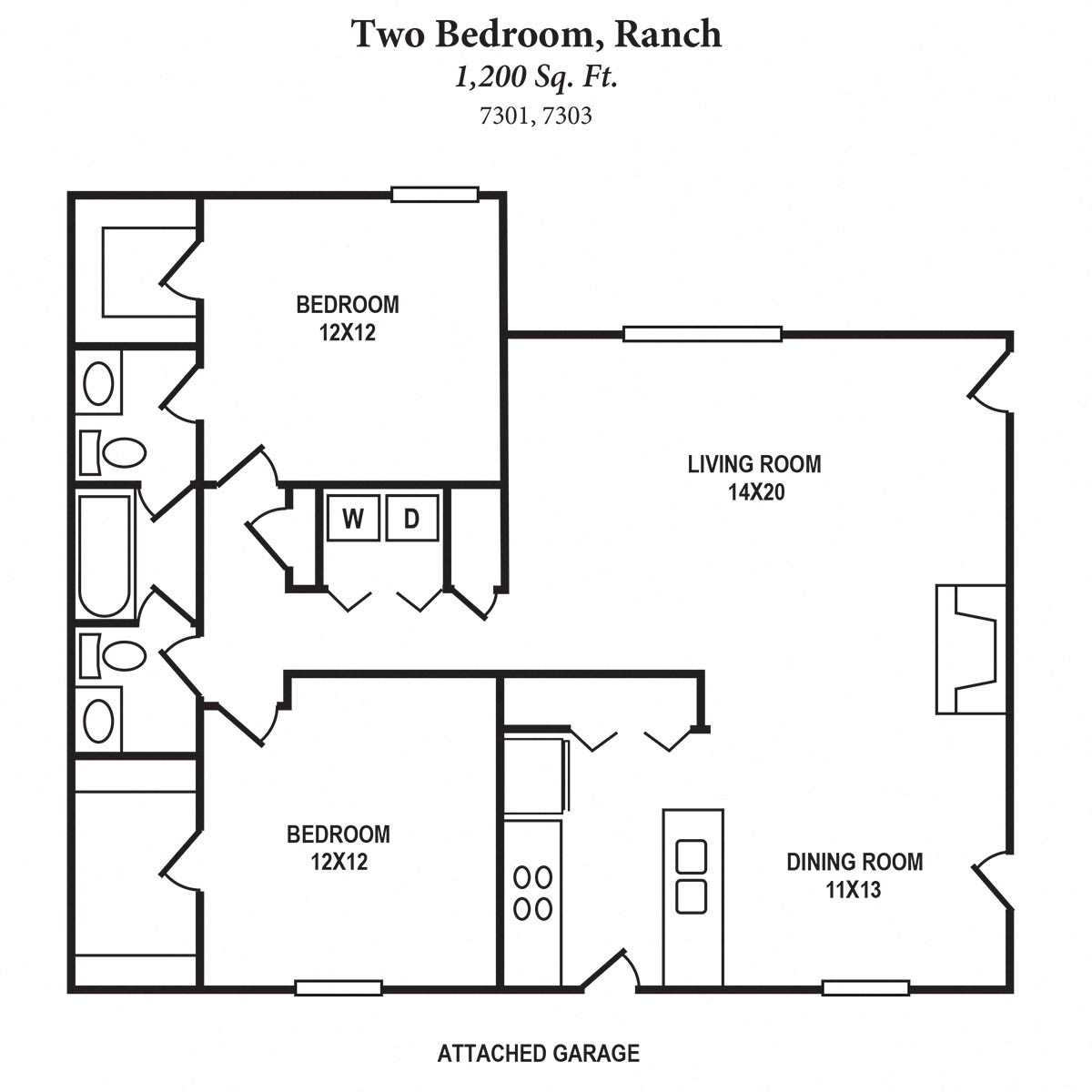 Floor plan for 2 beds, 1.5 baths, 1200 sqft